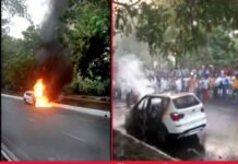 ग्रेटर नोएडा में BMW कार में लगी आग, कार सवारों ने कूदकर बचाई जान BMW-CAR-CAUGHT-FIRE