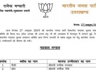 बीजेपी ने की गढ़वाल व कुमाऊं मण्डल के ब्लॉक प्रमुख प्रत्याशियों की घोषणा, यहाँ देखें लिस्ट