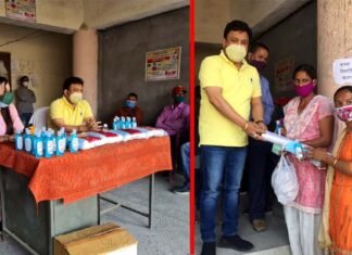द्वारीखाल ब्लॉक प्रमुख महेन्द्र राणा ने पंचायत प्रतिनिधियों को दिए मास्क सेनिटाइजर warikhal block chief Mahendra Rana