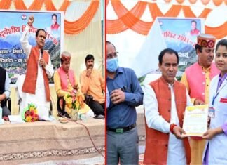 खिर्सू मिनी स्टेडियम में आयोजित बहुउद्देश्यीय शिविर में मंत्री डॉ. धन सिंह रावत ने बांटे महा लक्ष्मी किट व कोरोना वारियर्स प्रमाण पत्र Dr.-Dhan-singh-Rawat