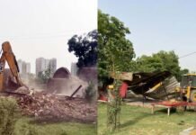 ग्रेनो प्राधिकरण ने 4700 वर्ग मीटर जमीन कराई खाली, जमीन की कीमत नौ करोड़ से अधिक होने का आकलन BULDOZER-IN-GRETER-NOIDA