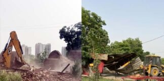 ग्रेनो प्राधिकरण ने 4700 वर्ग मीटर जमीन कराई खाली, जमीन की कीमत नौ करोड़ से अधिक होने का आकलन BULDOZER-IN-GRETER-NOIDA