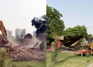 ग्रेनो प्राधिकरण ने 4700 वर्ग मीटर जमीन कराई खाली, जमीन की कीमत नौ करोड़ से अधिक होने का आकलन BULDOZER-IN-GRETER-NOIDA