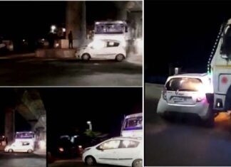 रोडरेज : नशे में धुत कंटेनर चालक फ़िल्मी स्टाइल में कार को दो किलोमीटर तक घसीटता रहा, गाड़ी में सवार चारों लोगों ने कूदकर बचाई जान, देखिए वीडियो Drunken container driver dragged the car