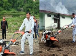 मुख्यमंत्री धामी ने ग्राम सिरोर के खेतों में की मंडुआ की बोआई Chief Minister Dhami sowed Mandua in village Siror