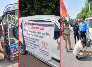 नोएडा: सड़क सुरक्षा जागरूकता अभियान के तहत लोगों को फ्लोरोसेंट व्हील वाल्व के बारे में दी जानकारी