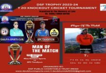 DSF ट्रॉफी टी-20 क्रिकेट टूर्नामेंट के 12वें मैच में एसपीसी टान्डियो ने जय मां मनीला क्लब सल्ट को हराकर प्री क्वार्टर फाइनल राउंड में किया प्रवेश