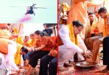 मुख्यमंत्री ने हरिद्वार में शिवभक्त कांवड़ियों के चरण धोकर किया स्वागत, हेलीकाॅप्टर से की गई पुष्पवर्षा