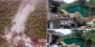 देवप्रयाग में भारी भूस्खलन, नृसिंहगाचल पर्वत का एक हिस्सा दरका, मकान पर गिरे भारी बोल्डर और मलबा, दो घायल, कई वाहन दबे