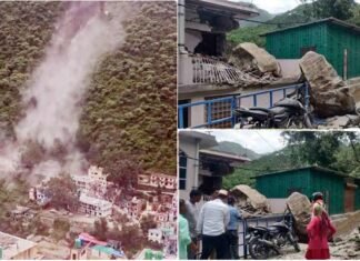 देवप्रयाग में भारी भूस्खलन, नृसिंहगाचल पर्वत का एक हिस्सा दरका, मकान पर गिरे भारी बोल्डर और मलबा, दो घायल, कई वाहन दबे