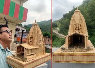 शिक्षक पंकज की एक और कलाकृति, माचिस की 20 हजार तिल्लियों से बनाई राहु मंदिर पैठाणी की प्रतिकृति