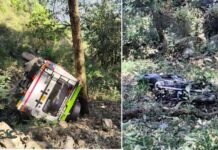 श्रीनगर-खिर्सू रोड़ पर मैक्स और बाइक की जोरदार टक्कर, खाई में गिरे दोनों वाहन, 8 लोग घायल