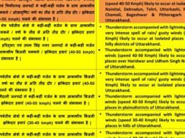 उत्तराखंड में मौसम विभाग ने अगले 5 दिन तक बारिश, ओलावृष्टि-आंधी का अलर्ट किया जारी
