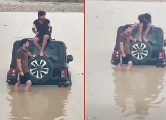 गंगा में थार ले जाकर स्टंट करने व रील बनाने का शौक पड़ा भारी, अचानक बढ़े जलस्तर से उफनती नदी में फंसी कार, आफत में आई जान making reels by driving a Thar into the Ganges proved costly