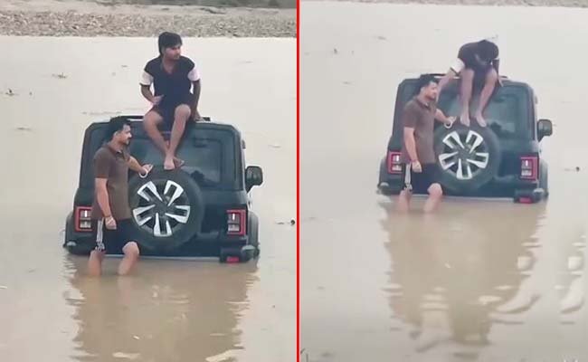 गंगा में थार ले जाकर स्टंट करने व रील बनाने का शौक पड़ा भारी, अचानक बढ़े जलस्तर से उफनती नदी में फंसी कार, आफत में आई जान making reels by driving a Thar into the Ganges proved costly
